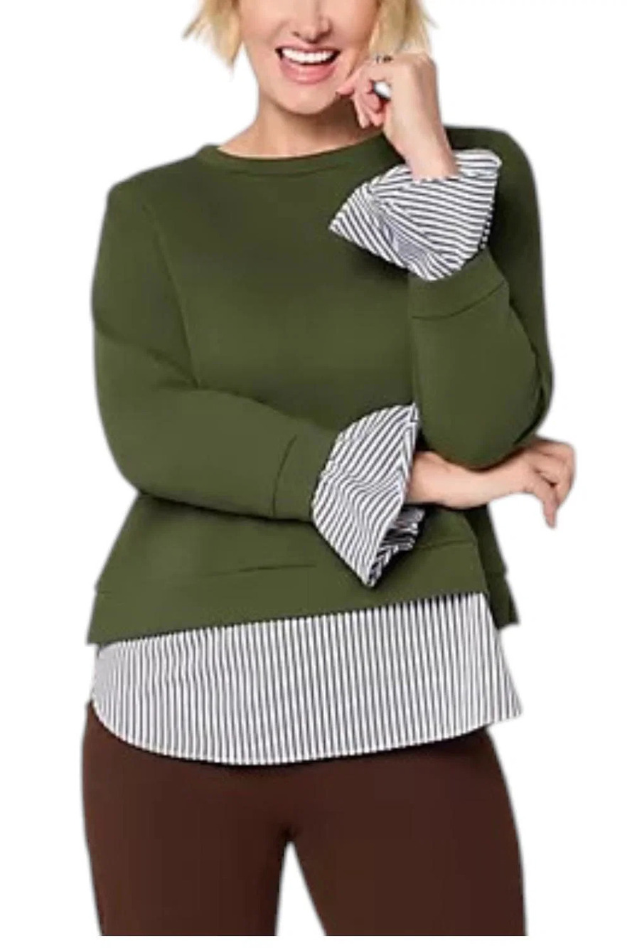 Susan Graver Women's French Terry w/ Woven Combo Top Pine/Green - Regular
